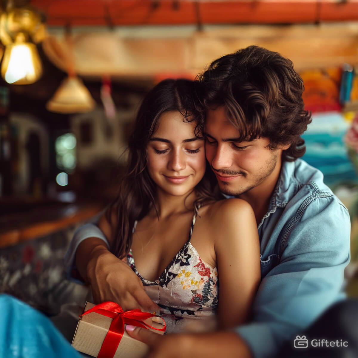 Romantic couple embracing while opening a gift wrapped with a red ribbon, sharing an intimate moment together.