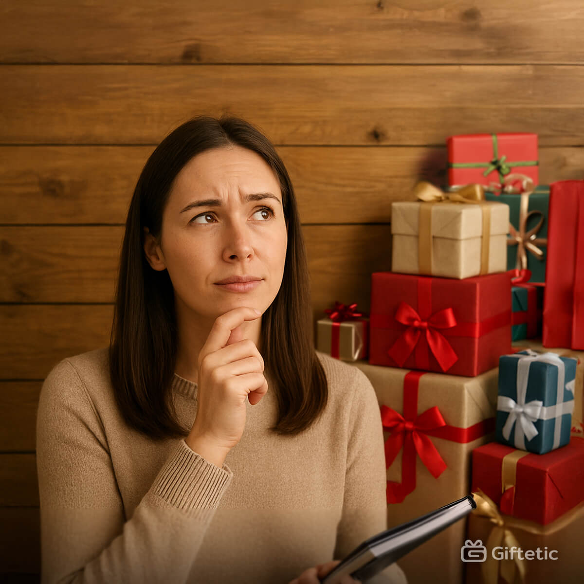 Thoughtful woman sitting beside a tall stack of wrapped gift boxes, symbolizing modern gift etiquette and questions about wishlist expectations — representing Giftetic’s blog article “Are People Obligated to Buy From My Wishlist? Modern Gift Etiquette and Expectations
