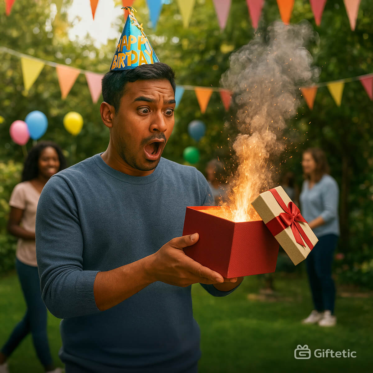Man opening a birthday gift box that explodes with sparks at a garden party — representing gifting mistakes that can damage relationships, featured in Giftetic’s blog on common gift-giving errors and how to fix them.