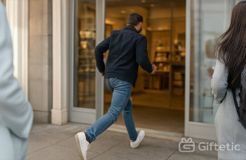 Man running into a store — illustrating the stress of last-minute gift shopping.