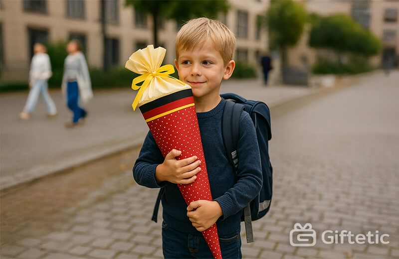 A young boy with blond hair stands on a cobblestone street holding a traditional German Schultüte — a large red cone decorated with white polka dots, black and gold stripes, and topped with a yellow ribbon. He is wearing a navy blue sweater and backpack, with a soft smile on his face, while people walk in the blurred background of a cityscape.