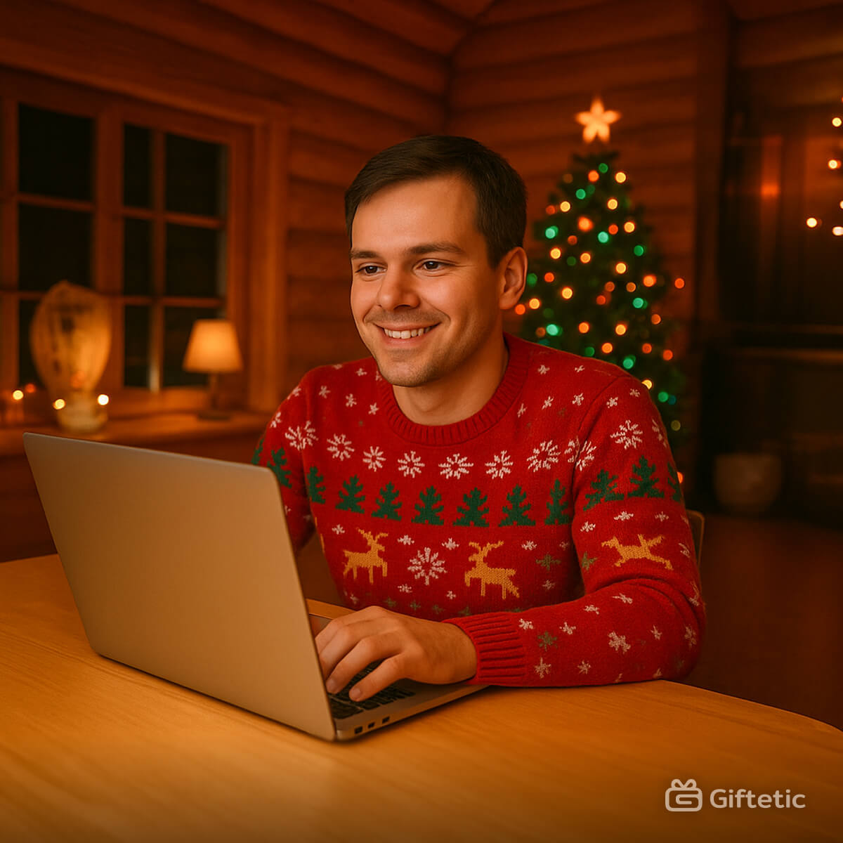 A man sitting in a cozy wooden cabin wearing a festive Christmas sweater, thoughtfully using a stainless-steel laptop on a bright wooden desk — representing planning and organizing holiday gifts early with a digital wishlist on [APP_NAME] to save time and reduce Christmas stress.